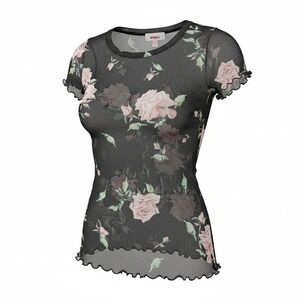 BONGO Whimsigoth Black Floral Mesh Short Sleeve Fairy Coquette Top Women L
